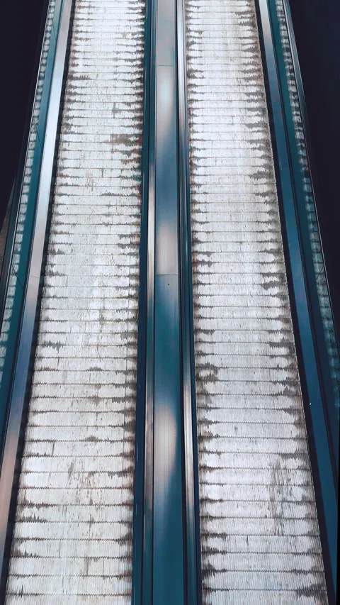 Empty Modern Escalators Moving in Shopping Mall, Symmetrical Top View Stock Footage 336869705