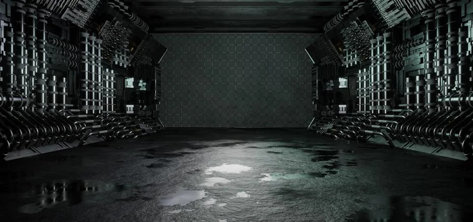 Empty Modern Futuristic Sci Fi Empty Dark Grunge Concrete Reflective Wet Room Stock Illustration