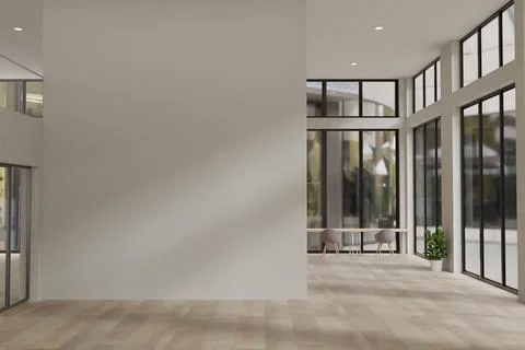 Empty Modern Hall Interior with Blank Feature Wall and Large Windows Stock Illustration