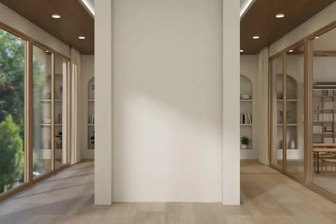 Empty modern hallway with center white wall, glass wall and wooden flooring.. Stock Illustration