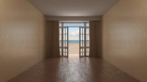 Empty Modern Interior Room with Open French Doors to Sunny Beach and Ocean Stock Illustration