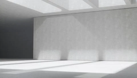 Empty modern interior space with large windows and sunlight casting shadows.. Stock Illustration