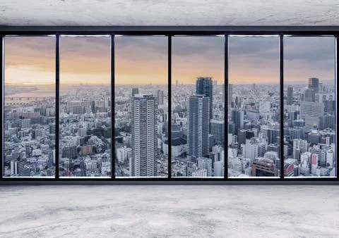 Empty modern interior space with skyscraper city view in sunrise Stock Photos