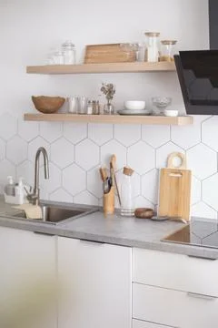 Empty modern kitchen interior white cosiness apartment cuisine design domestic Stock Photos
