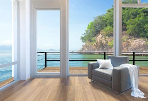 Empty modern living room interior with large windows and sea view background Stock Illustration