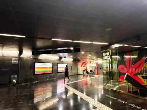 Empty modern metro station interior with colorful advertisements, glass spa.. Stock Photos