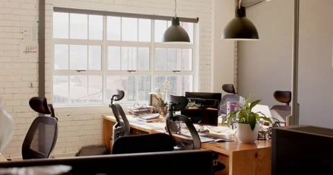 Empty modern office with computers, plants in pots and big window Stock Footage 340256496