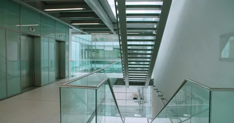 Empty modern office hallway, horizontal panning shot Stock Footage 59918188