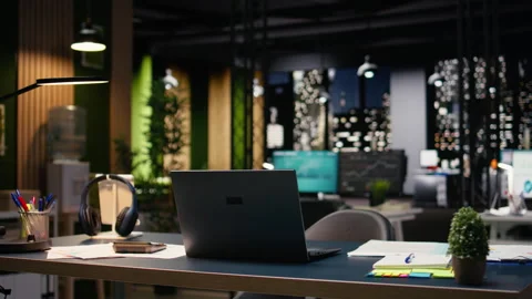 Empty modern office interior at night featuring spacious open space Stock Footage 334043747