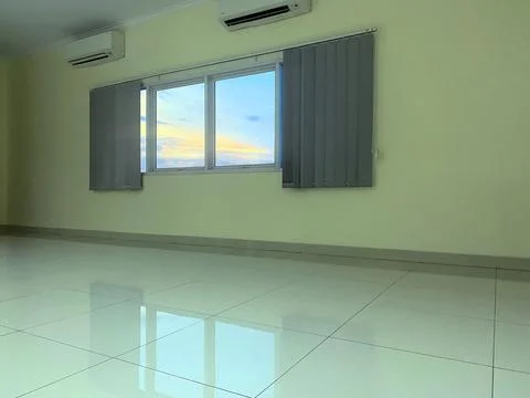 Empty Modern Office Interior Window View Sunset AC Units Stock Photos