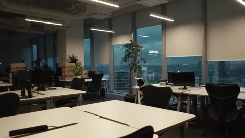Empty modern office at late hour walk, white wall, chairs and open office doors Stock-Footage 184458199