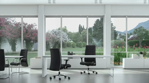Empty modern office with tables and chairs, garden outside the window Stock Footage 89859119