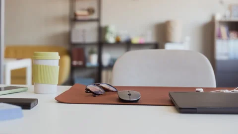 Empty Modern Office Workspace Displaying Creative Desk Setup Stock Footage 341557758