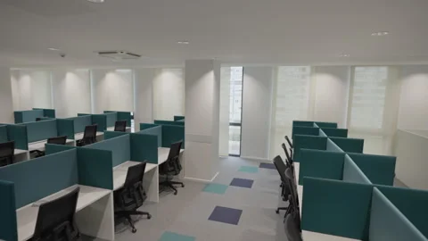 Empty Modern Open Office Space with Cubicles and Comfortable Chairs Stock Footage 274334494