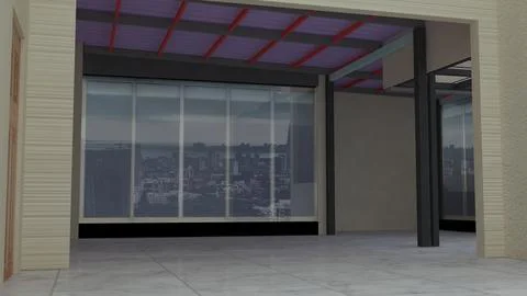Empty Modern Penthouse Interior with City Skyline View Illustrazione stock