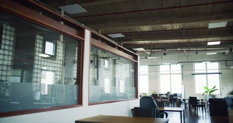 Empty modern renovated empty industrial tech hipster office with wooden ceiling Stock Footage 199456260