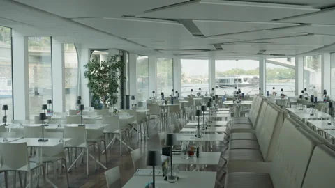Empty Modern Restaurant Interior Inside Cruise Boat On Vltava River In Prague 스톡 동영상 342279229