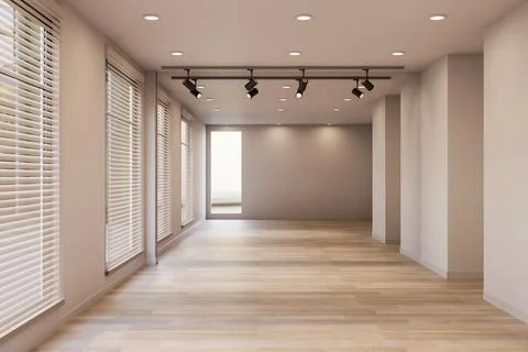 Empty modern room with blinds on glass windows and ceiling spotlight lamps .. Stock Illustration