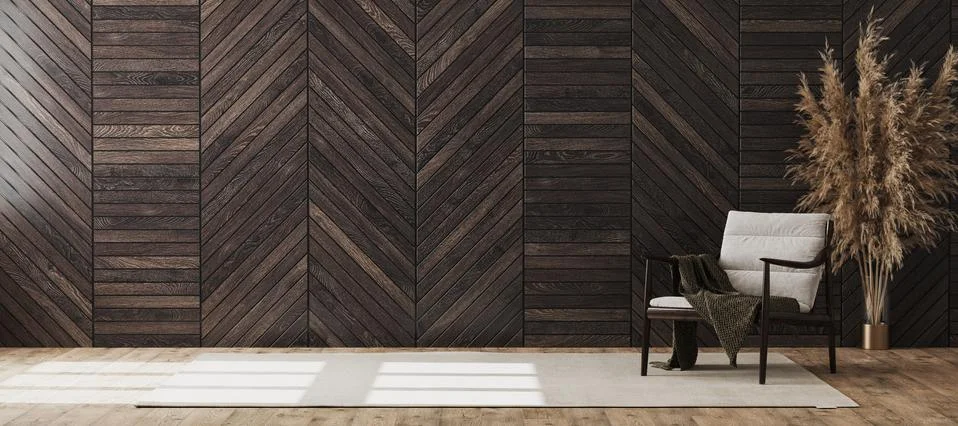 Empty modern room interior mock up with wooden decorative panel on the wall a Illustrazione stock