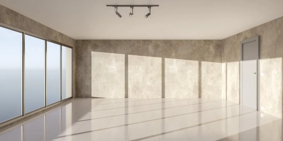 Empty modern room with large windows and concrete walls during daytime 3d render Stock Illustration