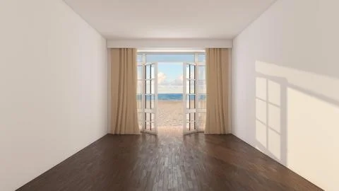 Empty Modern Room with Open Window and Curtains Facing Beach and Ocean View Stock Illustration