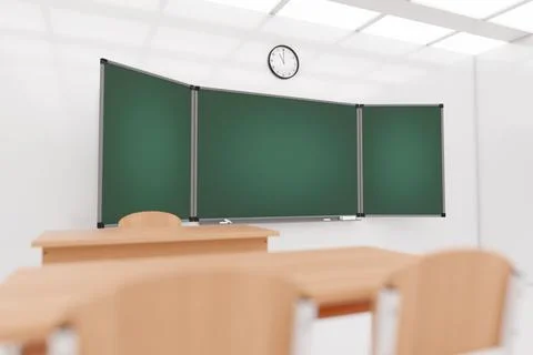 Empty Modern School Classroom with Chairs, Desks and Chalkboard. 3d Rendering Illustrazione stock