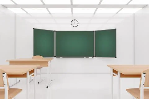 Empty Modern School Classroom with Chairs, Desks and Chalkboard. 3d Rendering Illustrazione stock