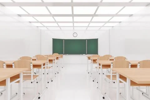 Empty Modern School Classroom with Chairs, Desks and Chalkboard. 3d Rendering Illustrazione stock