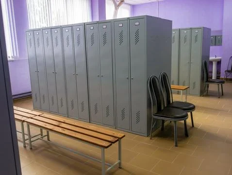 Empty Modern School Locker Room with Metal Cabinets Stock Photos
