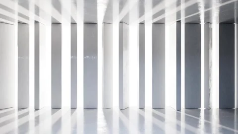 Empty modern space with concrete pillars and bright light, featuring reflections Stock Footage 335745708