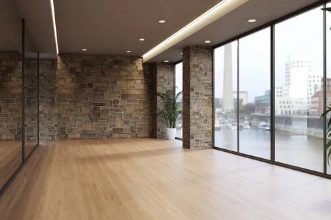 Empty Modern Studio Room with Stone Feature Wall and Panoramic City View Illustration