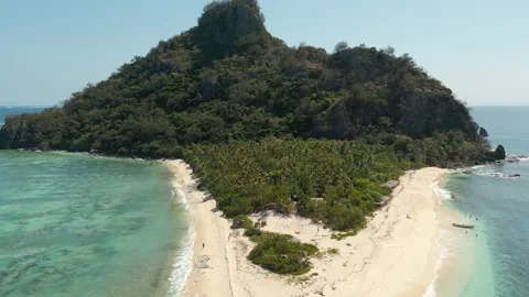 Empty Monuriki Island White Sand And Palm Trees Mamanuca Fiji Drone Pull Back Stock Footage 346767924