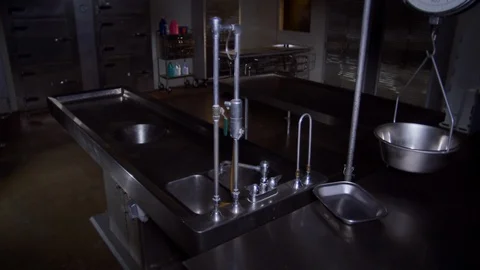 EMPTY MORGUE ESTABLISHING SHOT.  4K, 10 BIT SLIDER SHOT. Stock Footage 100199885