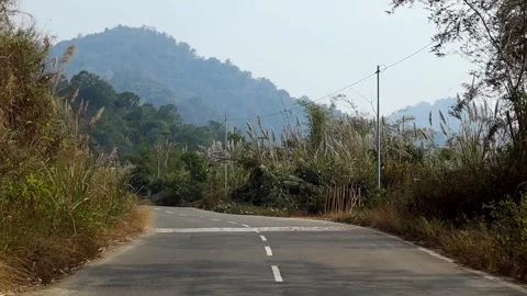 Empty mountain road with speed breaker and tall grass vegetation Stock Footage 329175377