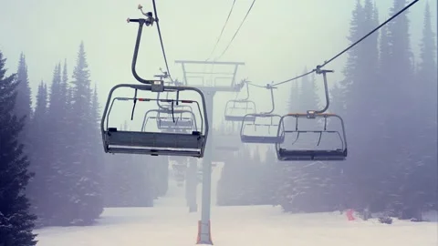 Empty moving cableway and trees in forest at night Stock Footage 145333744