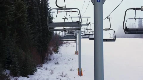 Empty moving cableway and trees in forest at night Stock Footage 145333794
