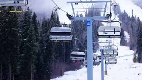 Empty moving cableway and trees in forest at night Stock Footage 145334362