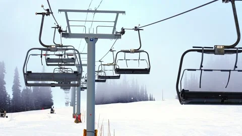Empty moving cableway and trees in forest at night Stock Footage 145334435