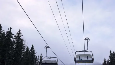 Empty moving cableway and trees in forest at night Stock Footage 145334524