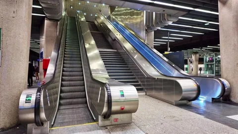 Empty moving escalator in metro station. La Défence, Paris Stock Footage 302466344