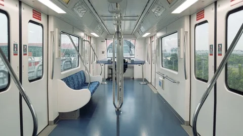 Empty Moving Skytrain Cabin, Riding Soekarno Hatta Airport Skytrain Stock Footage 129899597