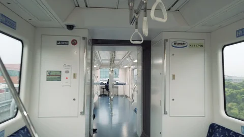 Empty Moving Skytrain Cabin, Riding Soekarno Hatta Airport Skytrain Stock Footage 129905554