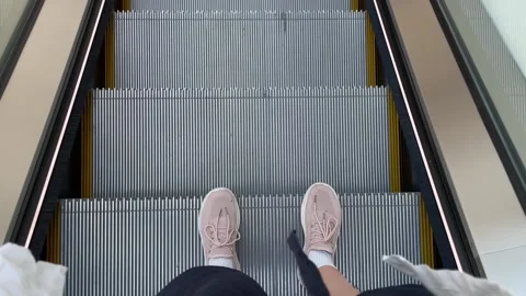 Empty moving staircase stairway public escalator elevator shopping mall center Stock Footage 337404383