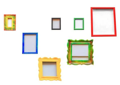 Empty multicolor photo frames isolated on white background Foto stock