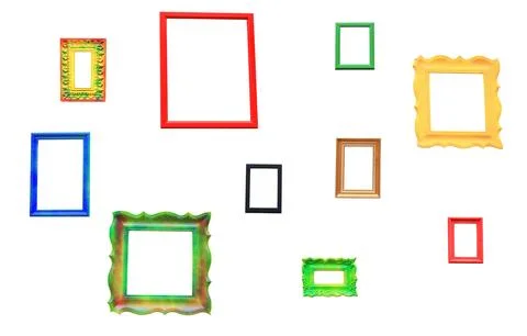 Empty multicolored photo frames isolated on white background Foto stock