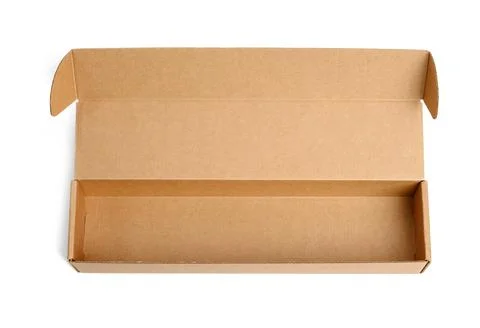 Empty narrow rectangular open cardboard box isolated on white background Stock Photos