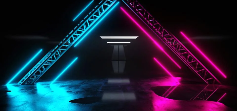 Empty Neon Studio Construction Triangle Vibrant Sci Fi Wet Stage Dance Lights Illustrazione stock