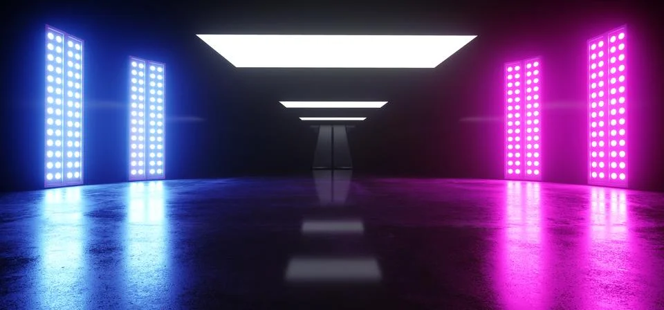 Empty Neon Studio Vibrant Sci Fi Stage Dance Lights Glowing Purple Blue Pink  Illustrazione stock