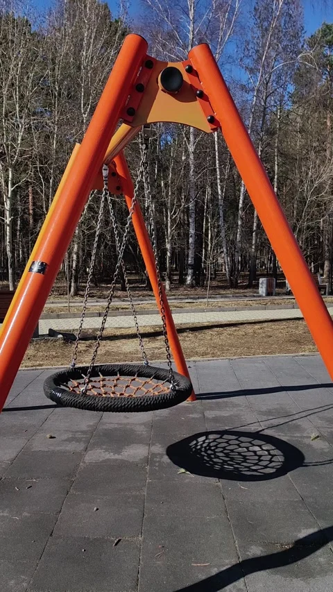 Empty nest swing swaying alone in deserted sunny park. vertical. Stock Footage 328968308