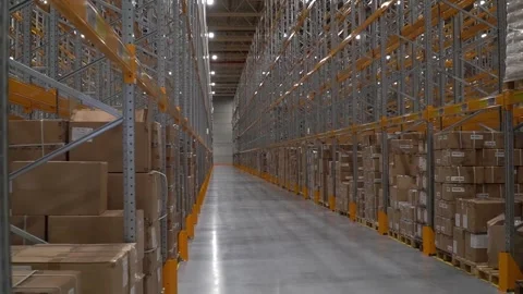 Empty New Warehouse: High Shelves Awaiting Logistic Commercialization Stock-Footage 241897568